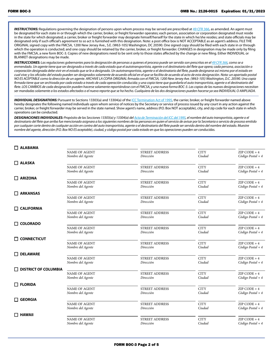 Form BOC-3 Designation of Agents for Service of Process (English / Spanish), Page 2