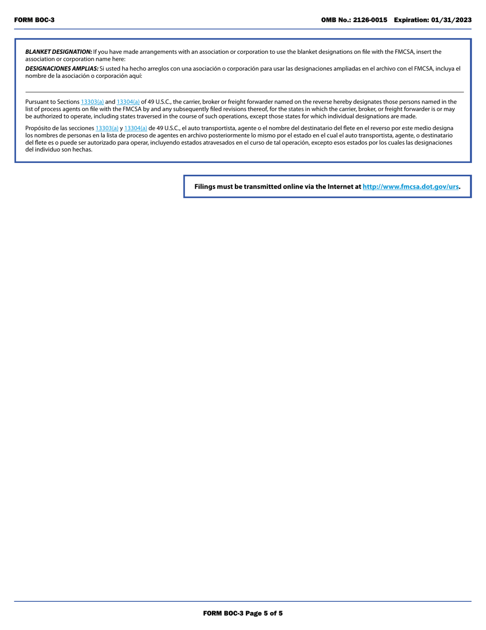 Form BOC-3 Designation of Agents for Service of Process (English / Spanish), Page 5