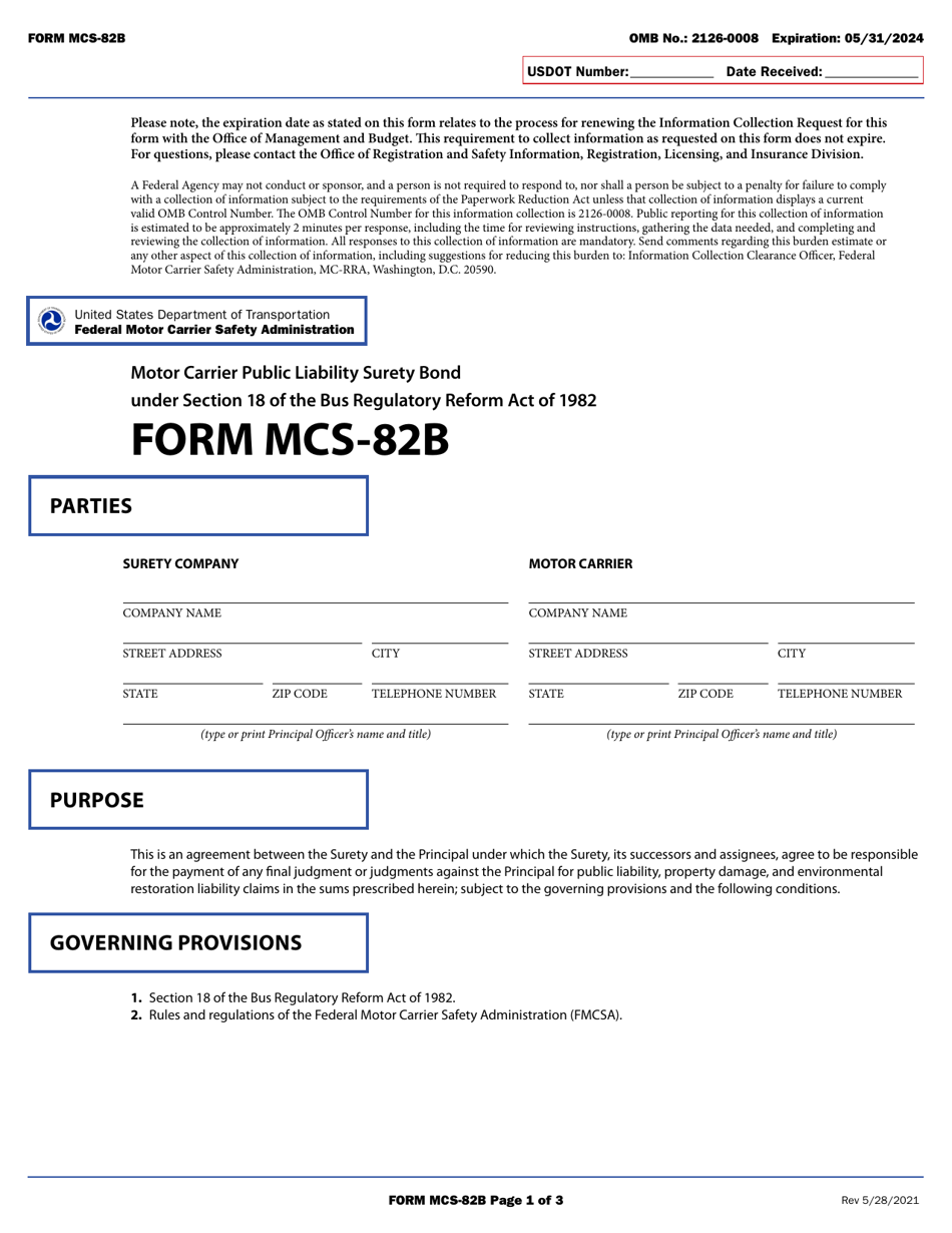 Form MCS-82B Motor Carrier Public Liability Surety Bond Under Section 18 of the Bus Regulatory Reform Act of 1982, Page 1