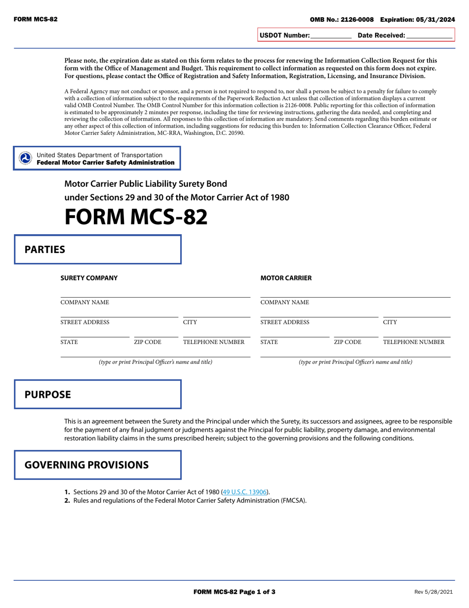 Form MCS-82 Motor Carrier Public Liability Surety Bond Under Sections 29 and 30 of the Motor Carrier Act of 1980, Page 1