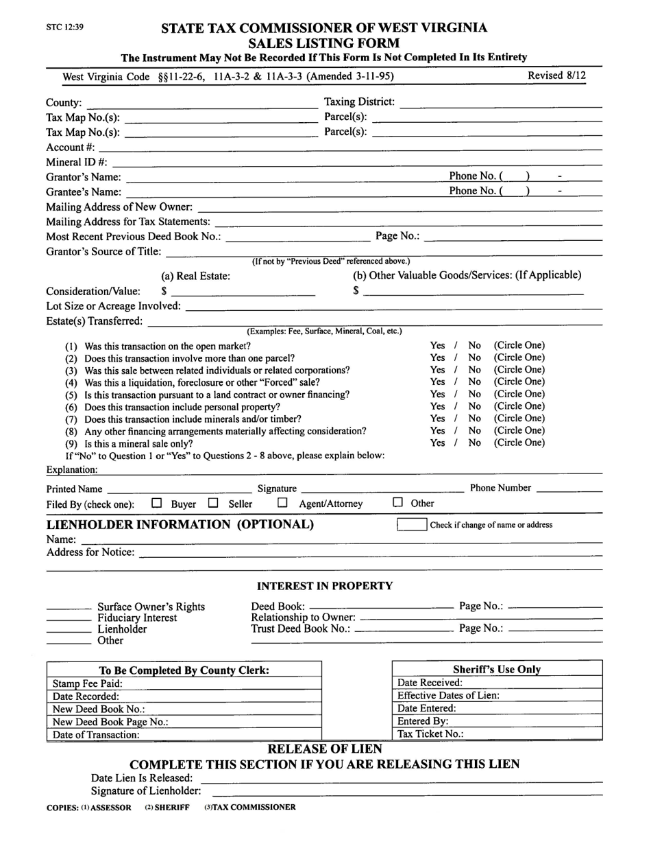 Form STC12:39 Sales Listing Form - West Virginia, Page 1