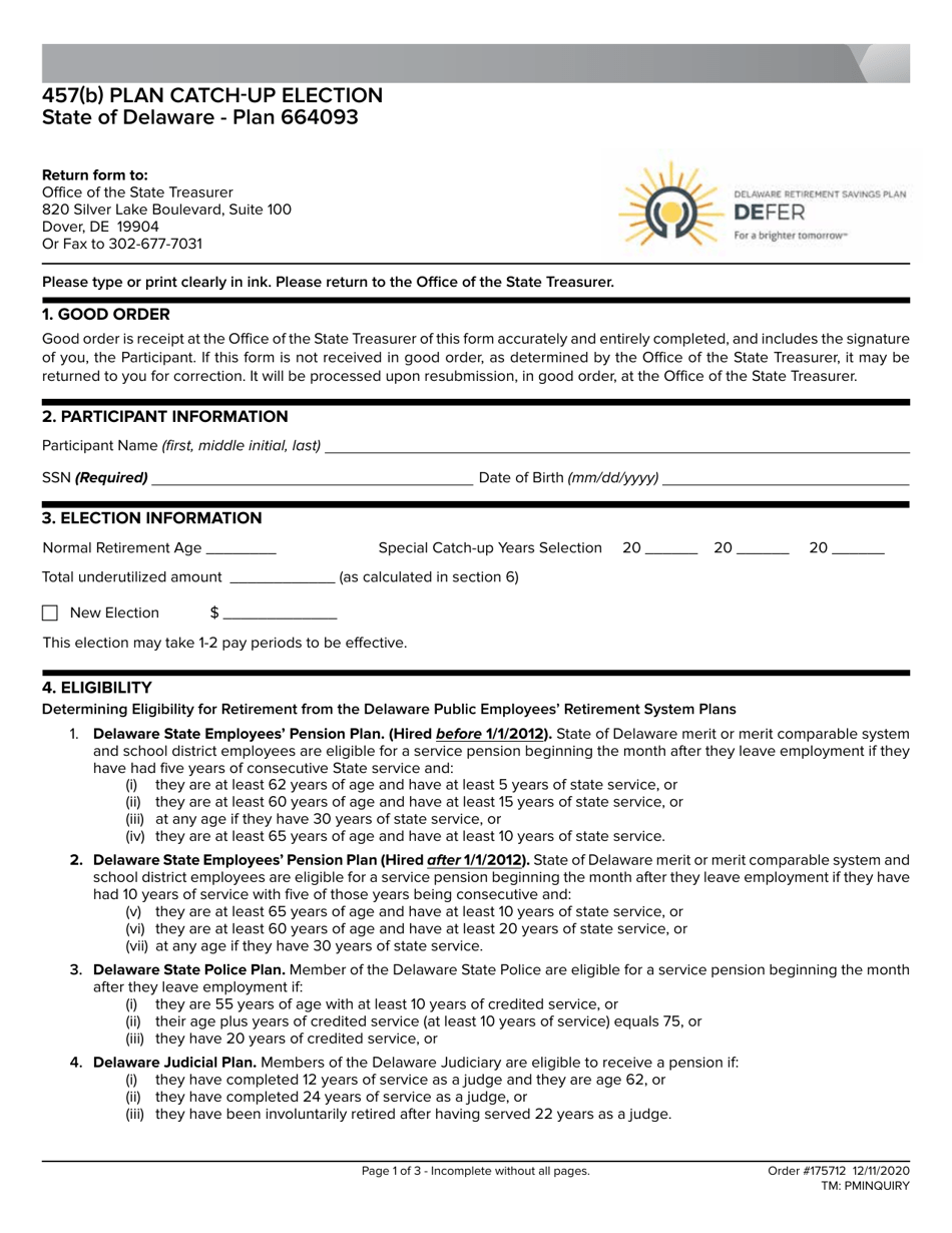 457(B) Plan Catch-Up Election - Delaware, Page 1