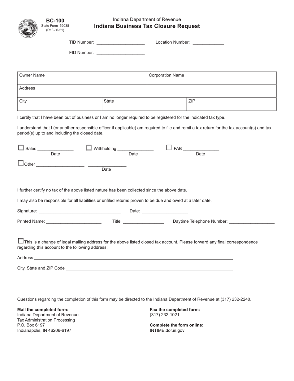 Form BC-100 (State Form 52038) Indiana Business Tax Closure Request - Indiana, Page 1