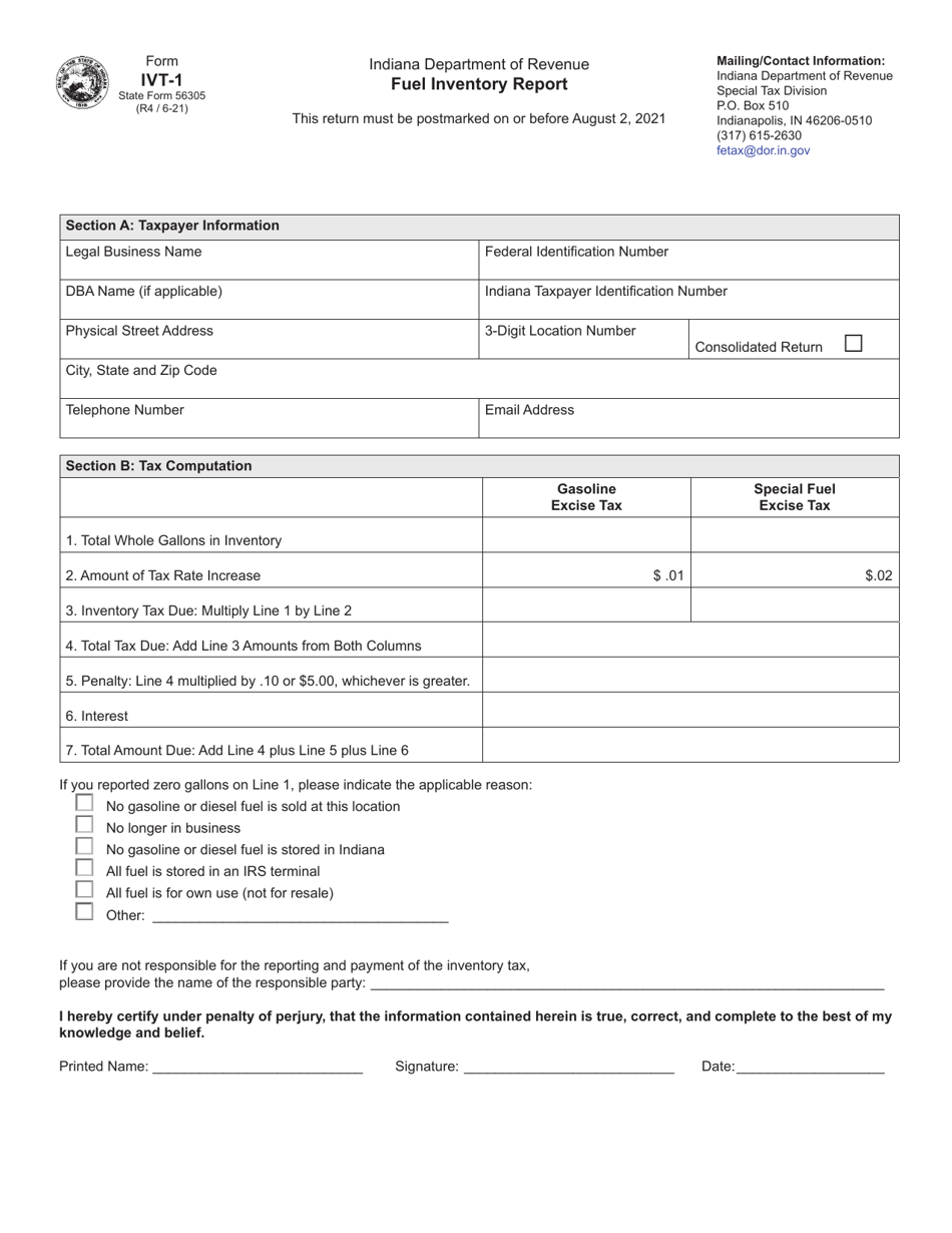 Form IVT-1 (State Form 56305) Fuel Inventory Report - Indiana, Page 1