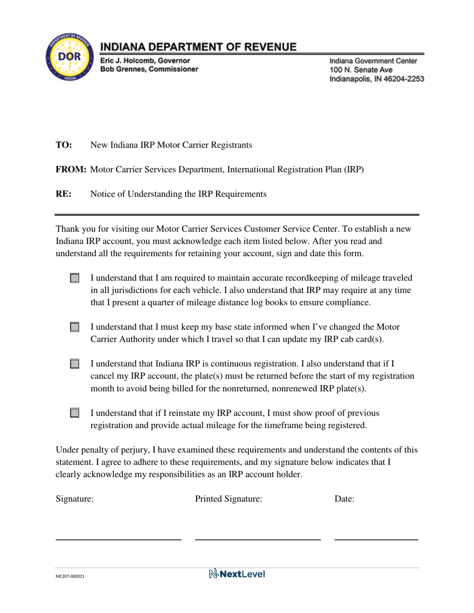 Form MC207 Notice of Understanding the Irp Requirements - Indiana, Page 1