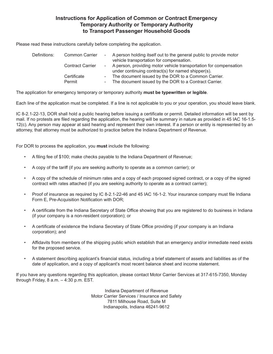 Form 703 (State Form 50216) Application for Emergency or Temporary Authority to Transport Passenger or Household Goods - Indiana, Page 5