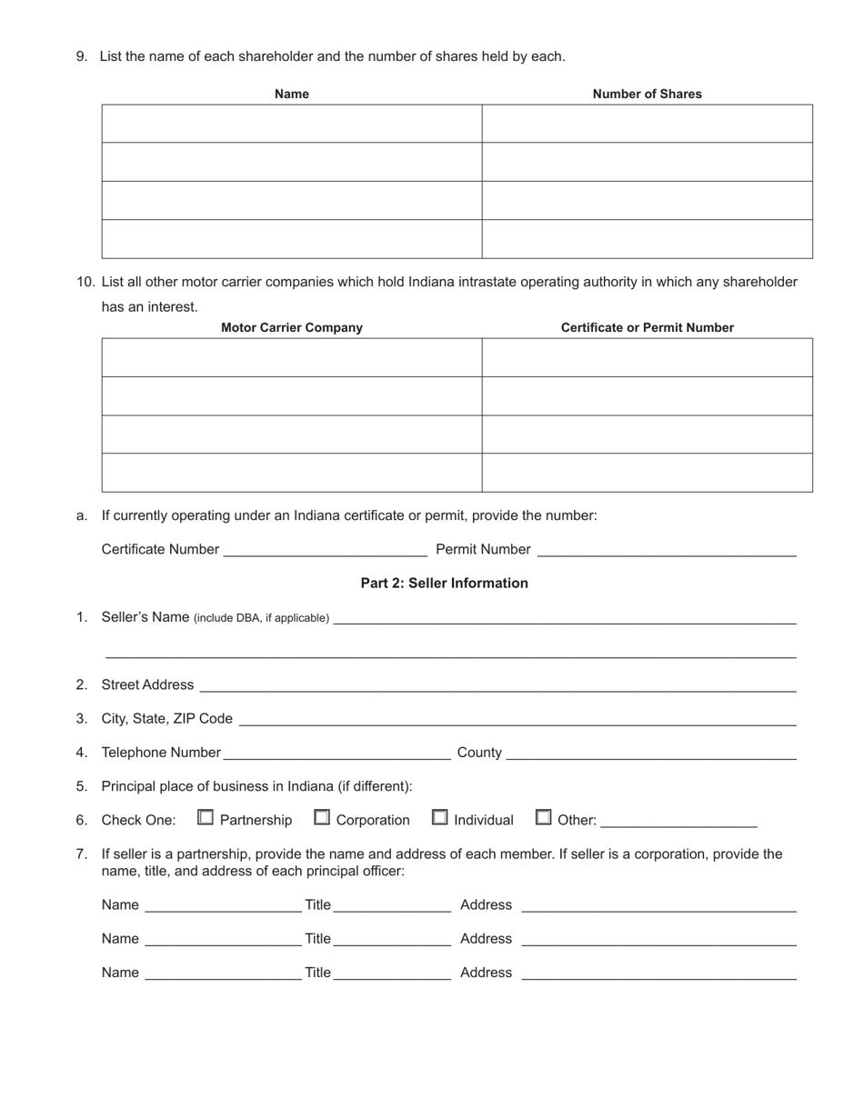 Form 707 (State Form 50219) Joint Application for Sale and Transfer of Permanent Authority to Transport Passenger or Household Goods - Indiana, Page 2