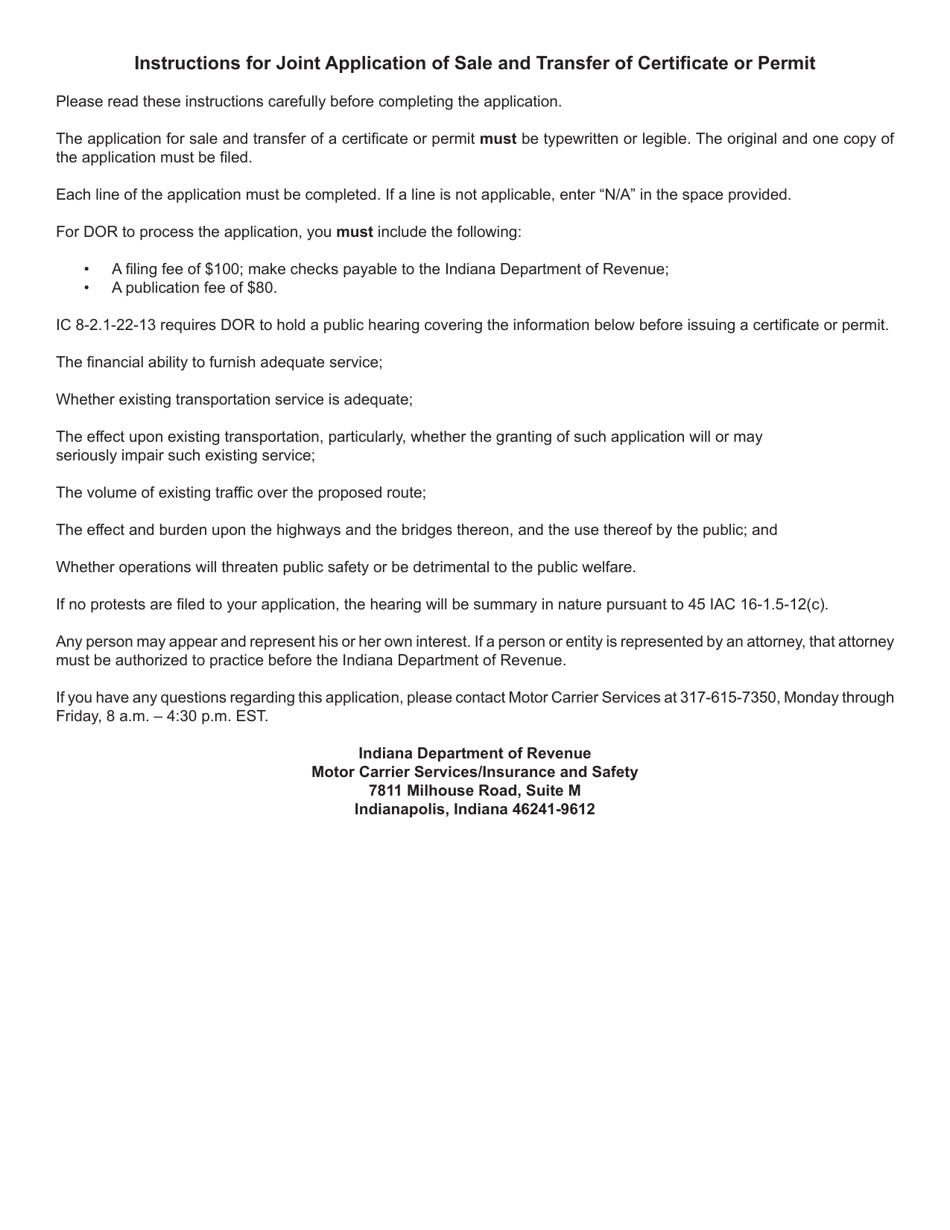 Form 707 (State Form 50219) Joint Application for Sale and Transfer of Permanent Authority to Transport Passenger or Household Goods - Indiana, Page 5