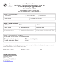 Form AE-1 (State Form 46815) &quot;Certificate of Exemption From Registration/Excise Tax on Aircraft Owned by an Indiana Resident and Based out of State&quot; - Indiana