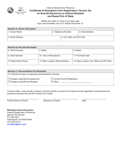 Form AE-1 (State Form 46815)  Printable Pdf