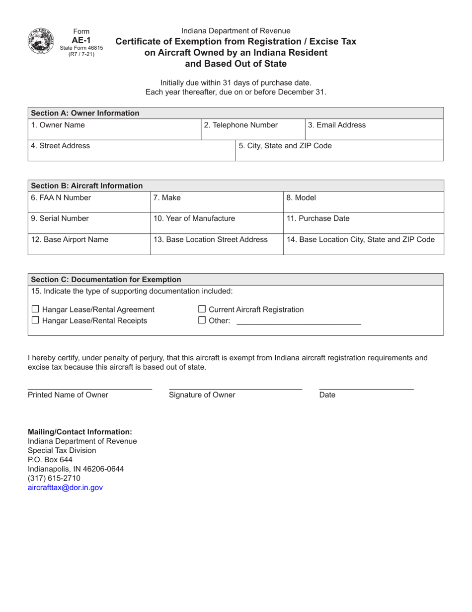 Form AE-1 (State Form 46815) Certificate of Exemption From Registration / Excise Tax on Aircraft Owned by an Indiana Resident and Based out of State - Indiana, Page 1