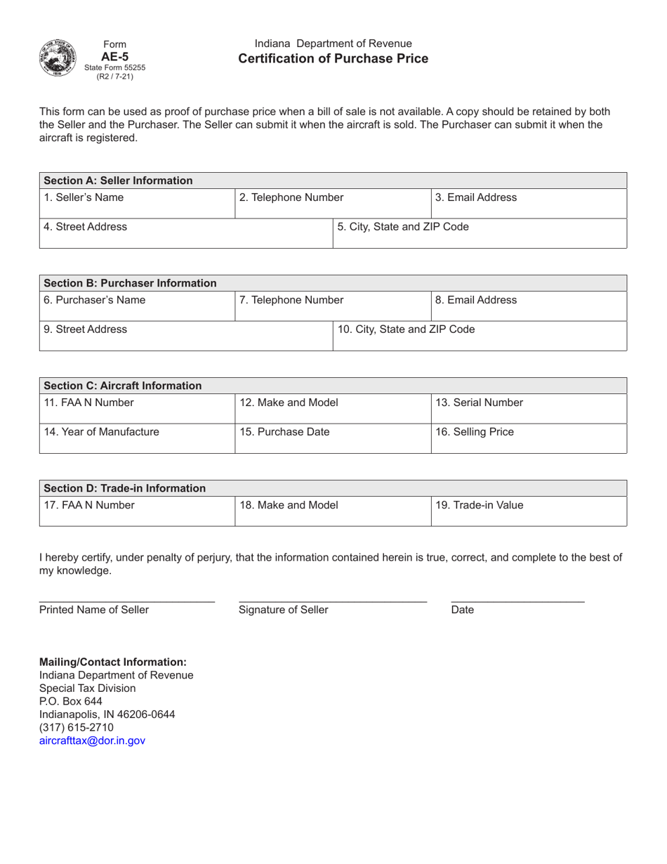Form AE-5 (State Form 55255) Certification of Purchase Price - Indiana, Page 1
