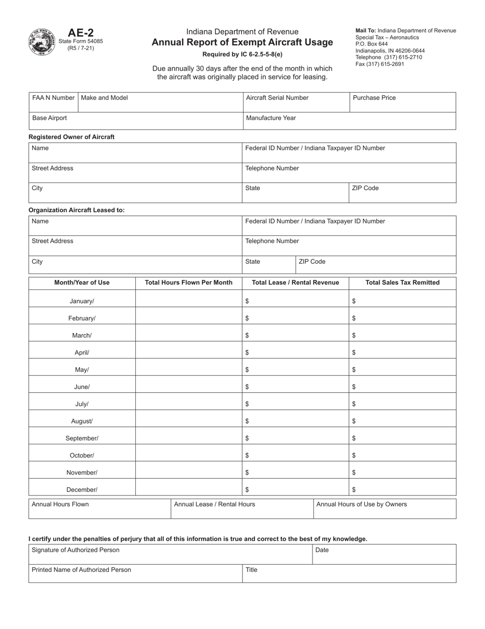 Form AE-2 (State Form 54085) Annual Report of Exempt Aircraft Usage - Indiana, Page 1