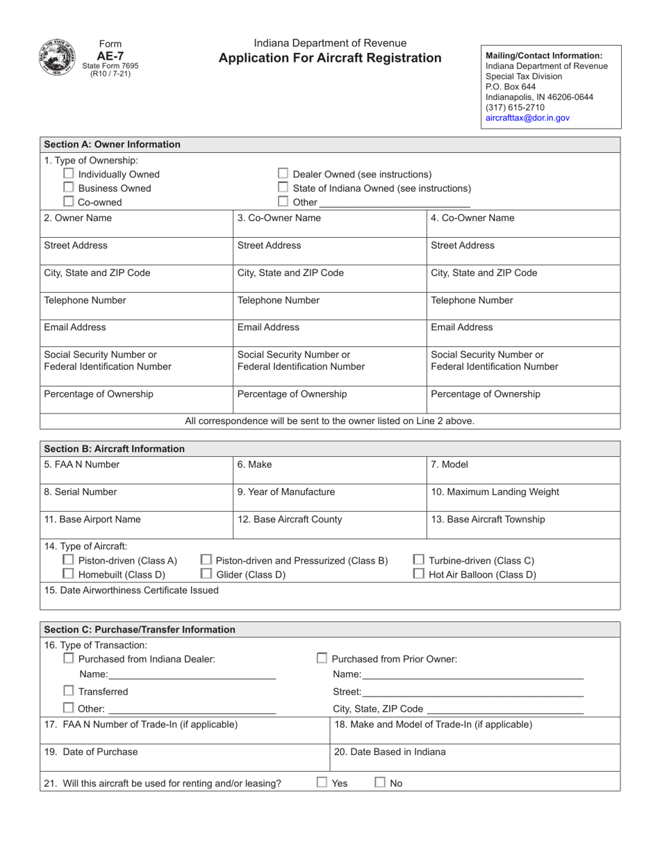 Form AE-7 (State Form 7695) Application for Aircraft Registration - Indiana, Page 1