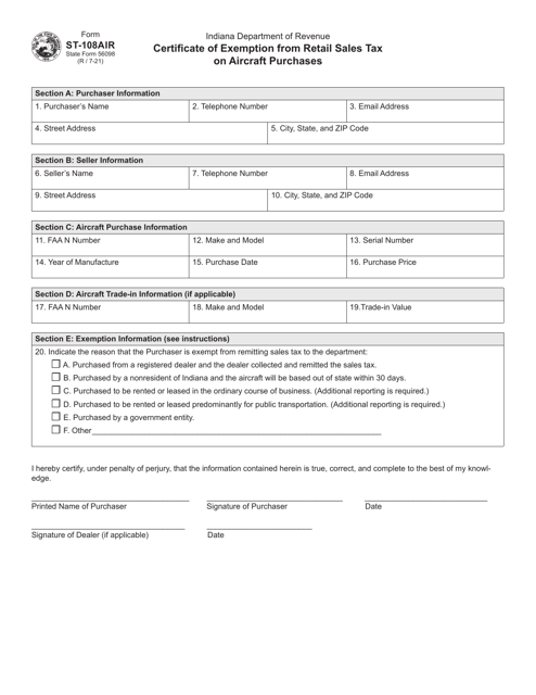 Form ST-108AIR (State Form 56098)  Printable Pdf
