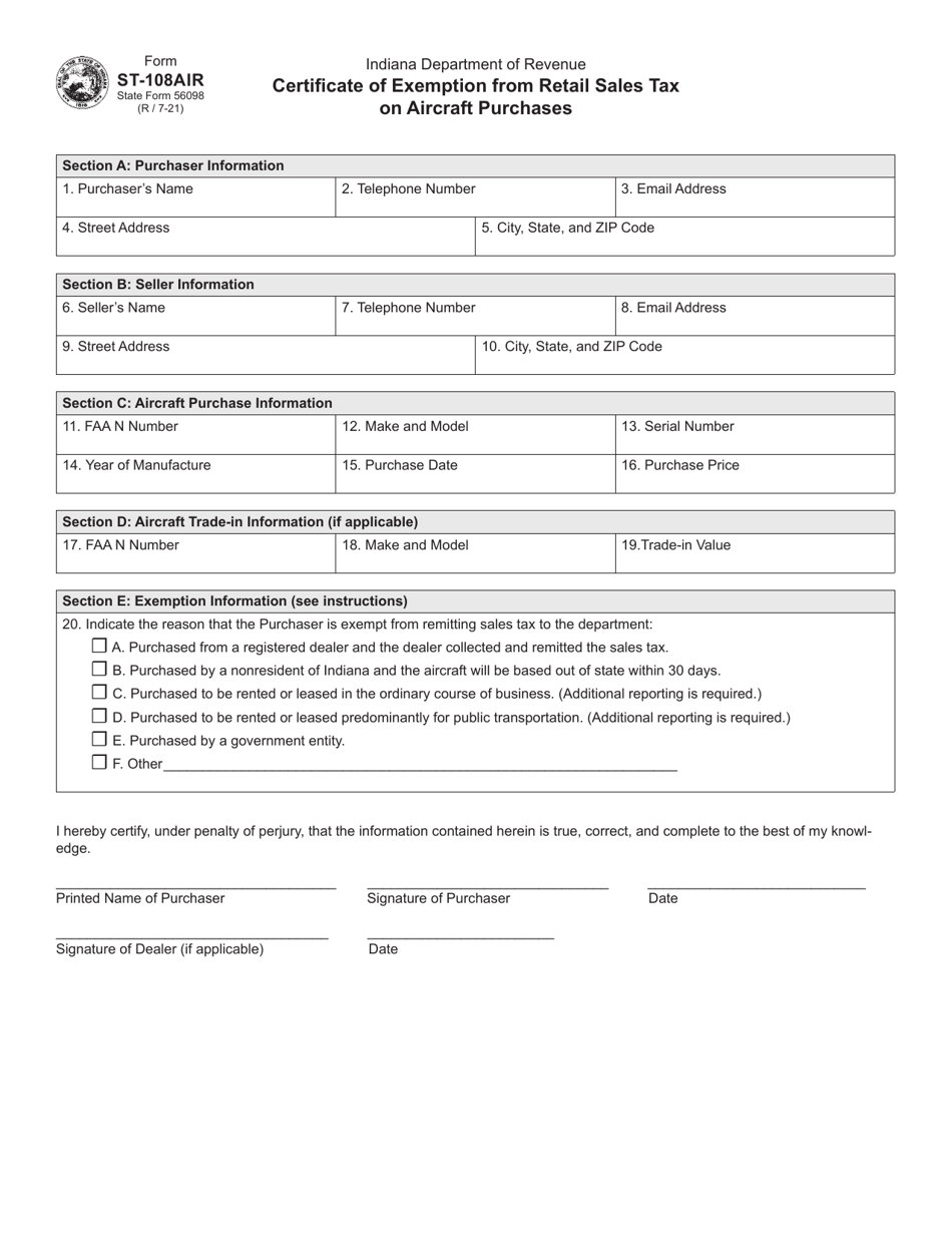 Form ST-108AIR (State Form 56098) Certificate of Exemption From Retail Sales Tax on Aircraft Purchases - Indiana, Page 1