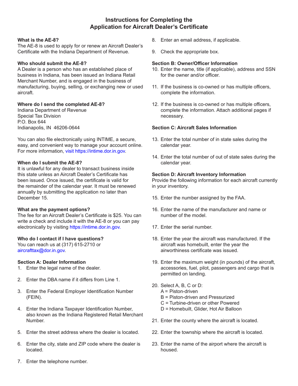 Form AE-8 (State Form 10763) Application for Aircraft Dealers Certificate - Indiana, Page 2