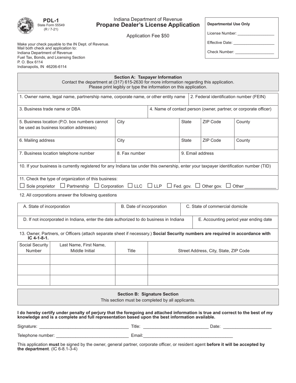 Form PDL-1 (State Form 55549) Propane Dealers License Application - Indiana, Page 1