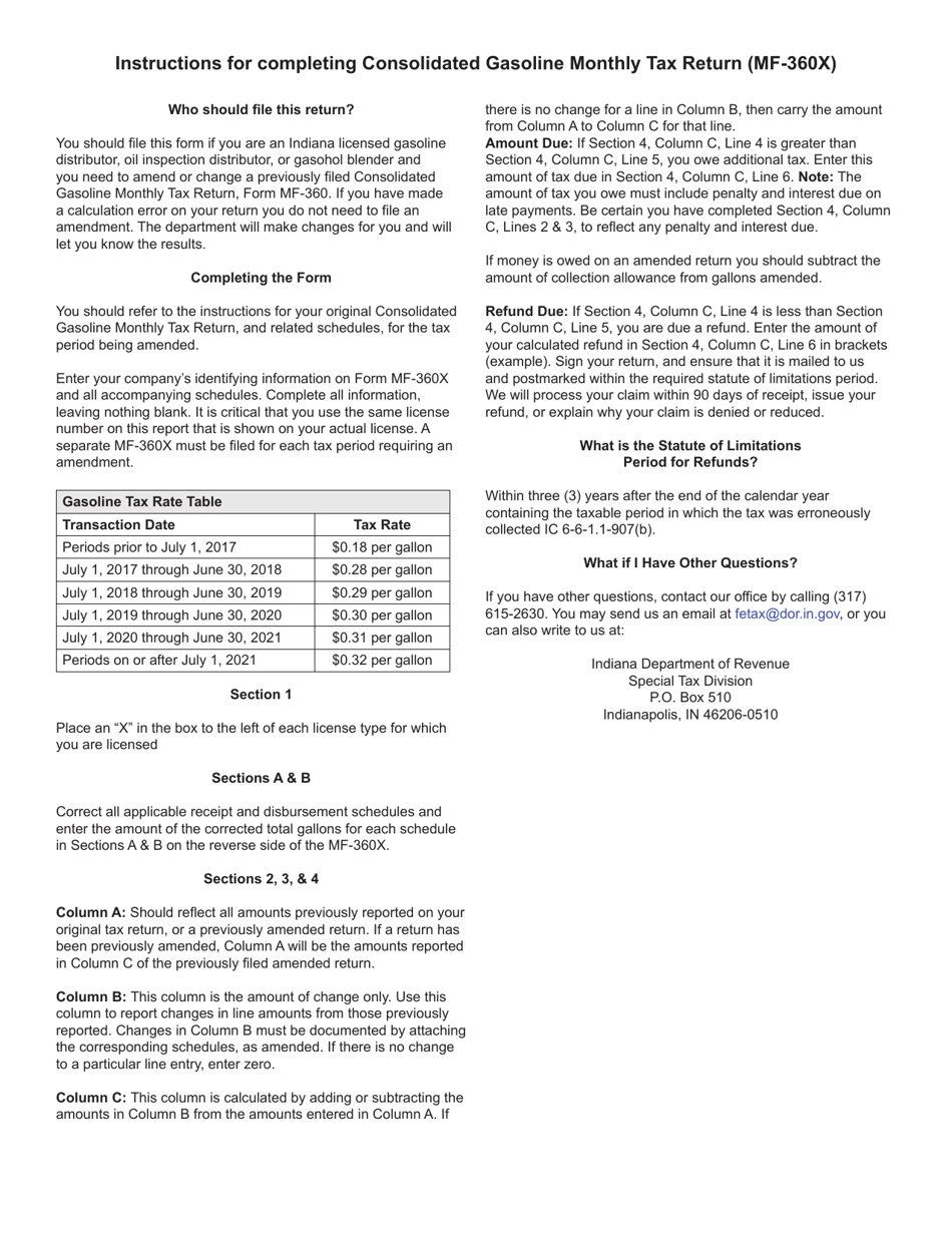 Form MF-360X (State Form 49875) Amended Consolidated Gasoline Monthly Tax Return - Indiana, Page 4