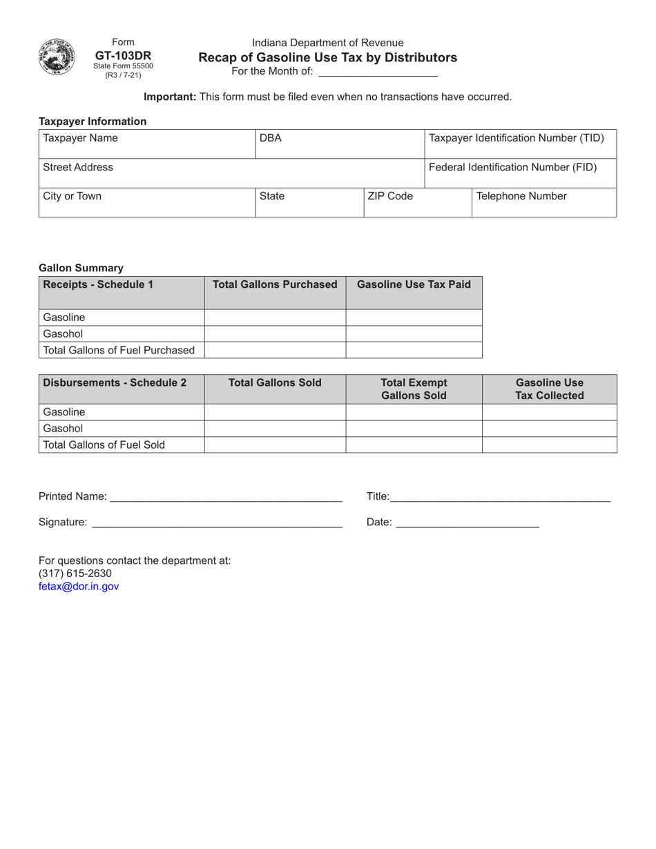 Form GT-103DR (State Form 55500) Recap of Gasoline Use Tax by Distributors - Indiana, Page 1