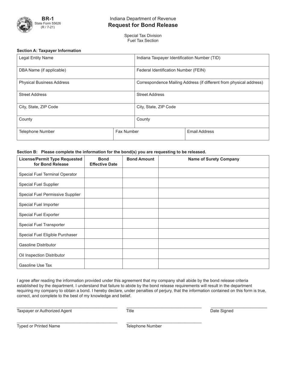 Form BR-1 (State Form 55626) Request for Bond Release - Indiana, Page 1