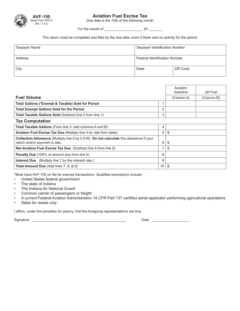 Form AVF-150 (State Form 55313) Aviation Fuel Excise Tax - Indiana, Page 1