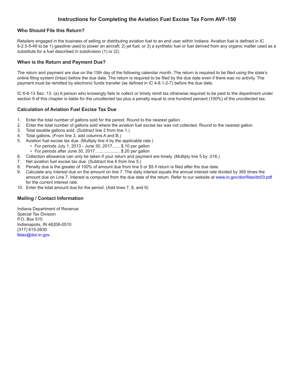 Form AVF-150 (State Form 55313) Aviation Fuel Excise Tax - Indiana, Page 2