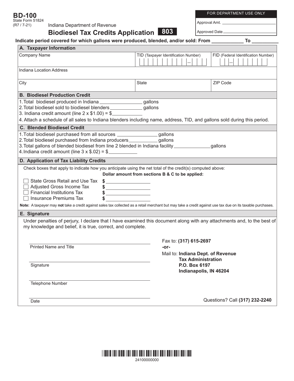 Form BD-100 (State Form 51824) Biodiesel Tax Credits Application - Indiana, Page 1