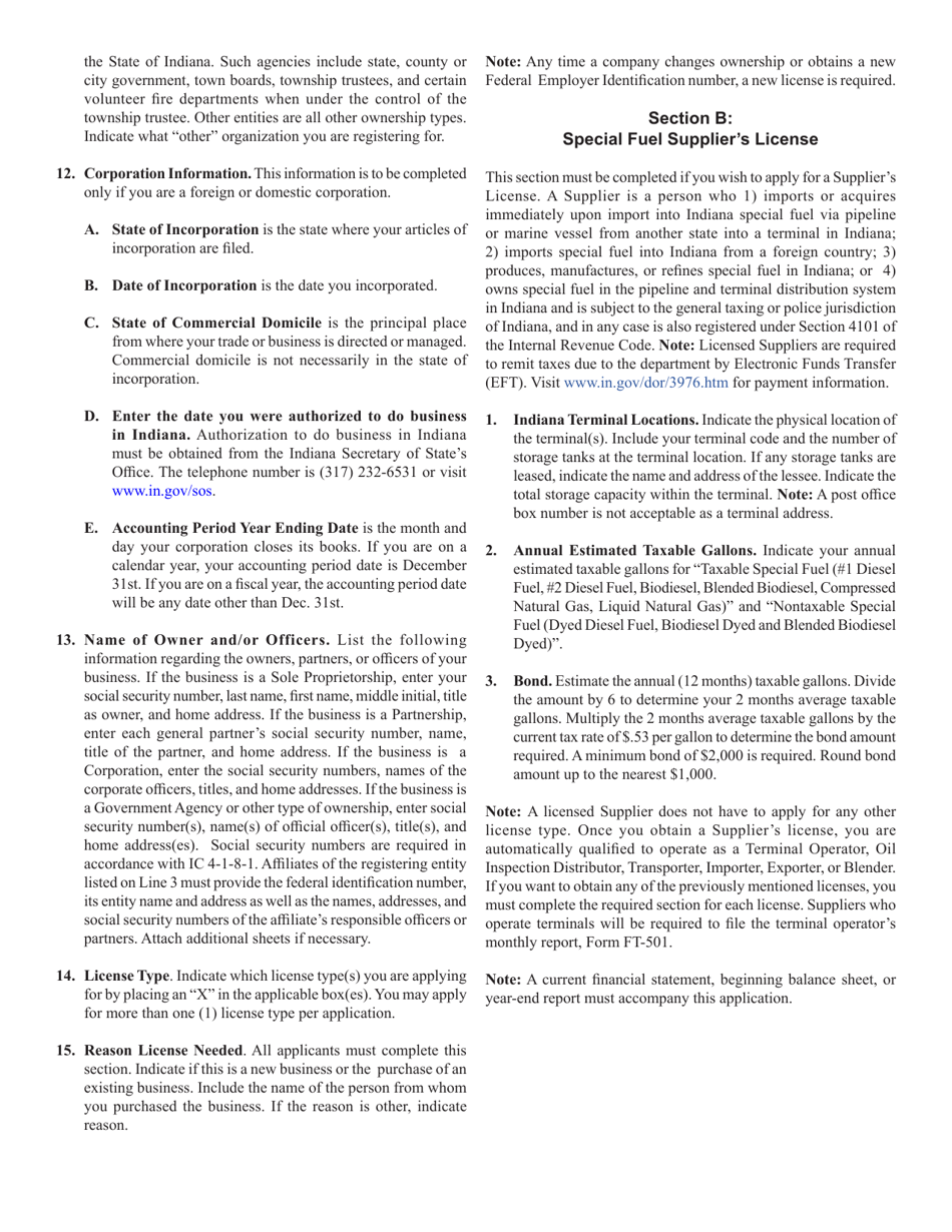 Form FT-1 (State Form 46297) Fuel Tax License Application - Indiana, Page 9