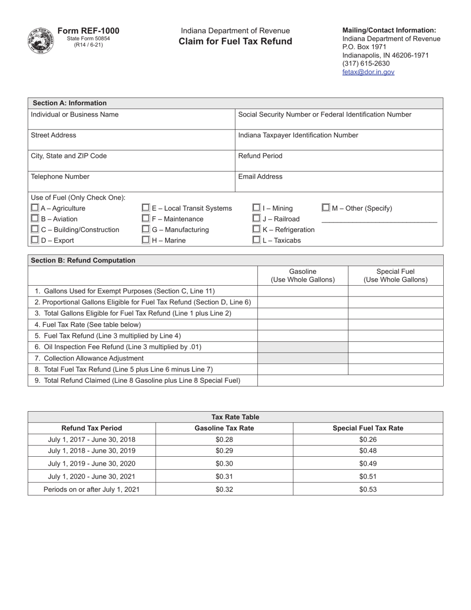 Form REF-1000 (State Form 50854) Claim for Fuel Tax Refund - Indiana, Page 1