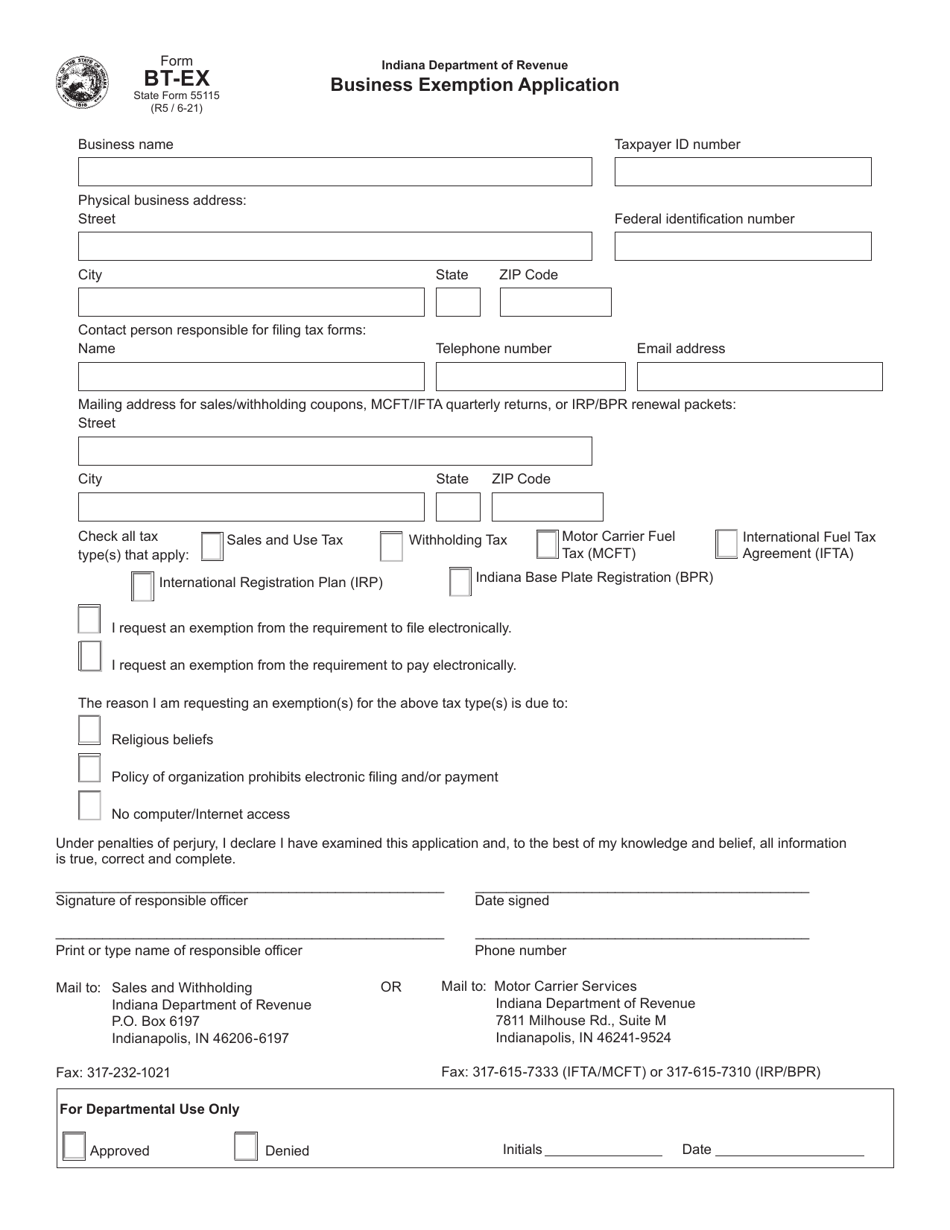 Form BT-EX (State Form 55115) Business Exemption Application - Indiana, Page 1