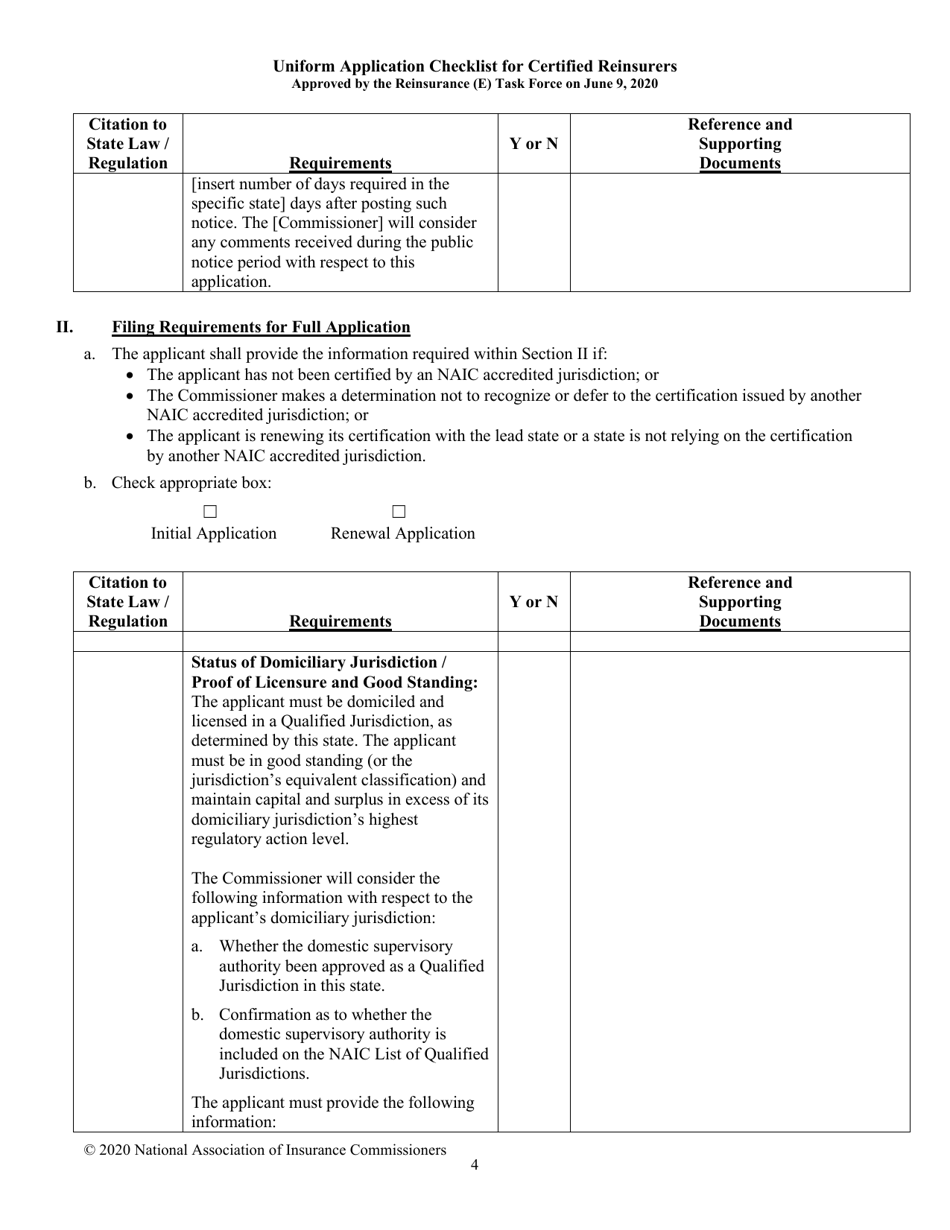 Uniform Application Checklist for Certified Reinsurers (Initial and Renewal Applications), Page 4