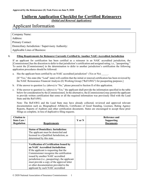 Uniform Application Checklist for Certified Reinsurers (Initial and Renewal Applications) Download Pdf