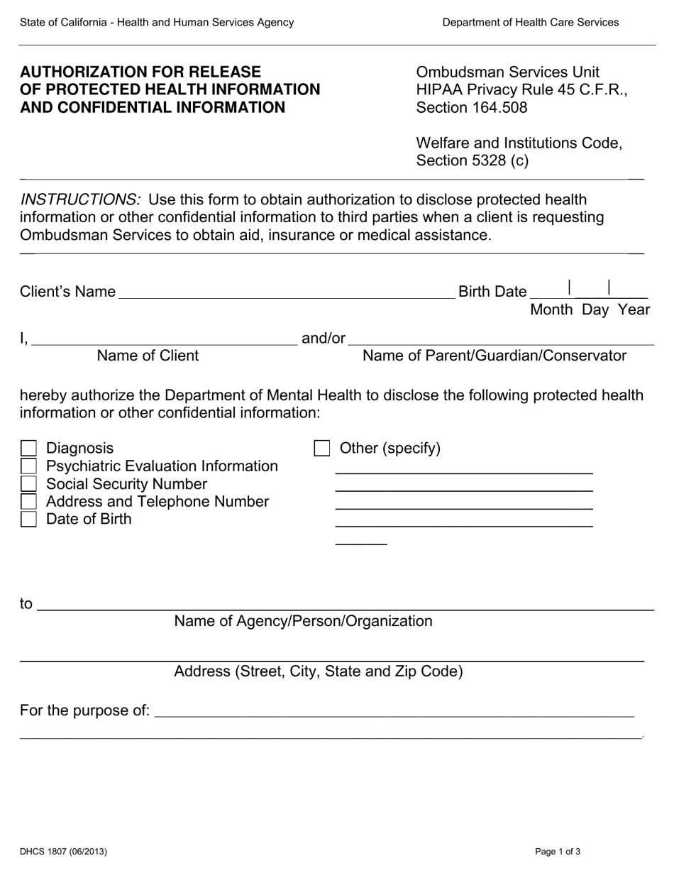 Form DHCS1807 Authorization for Release of Protected Health Information and Confidential Information - California, Page 1