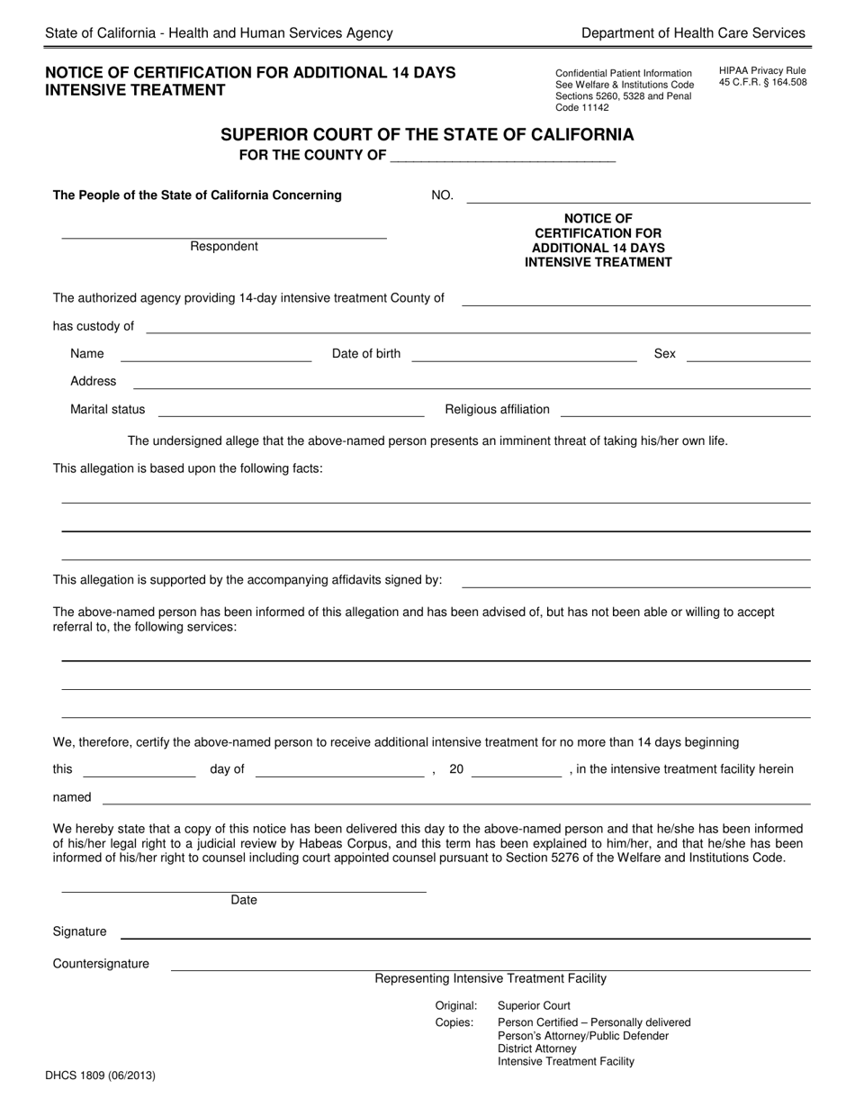 Form DHCS1809 Notice of Certification for Additional 14 Days Intensive Treatment - California, Page 1