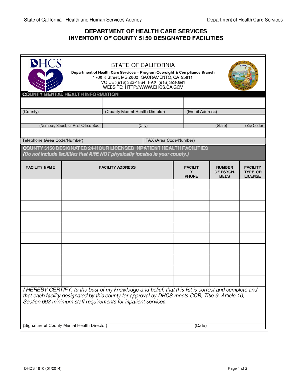 Form DHCS1810 Inventory of County 5150 Designated Facilities - California, Page 1