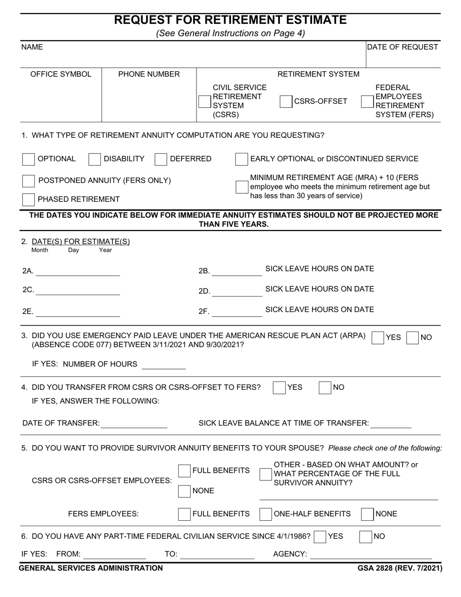 GSA Form 2828 Request for Retirement Estimate, Page 1