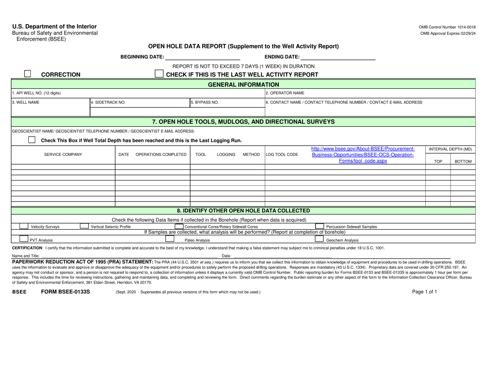 Form BSEE-0133S Open Hole Data Report (Supplement to the Well Activity Report), Page 1