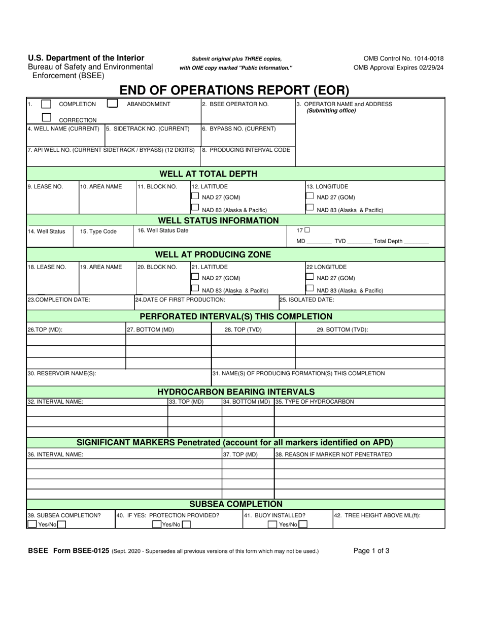 Form BSEE-0125 End of Operations Report (Eor), Page 1