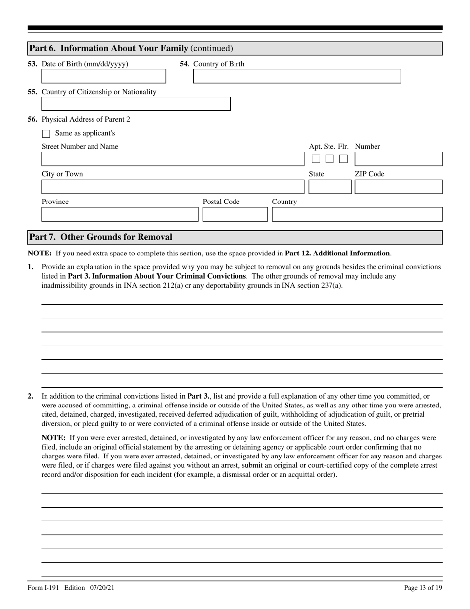 USCIS Form I-191 Application for Relief Under Former Section 212(C) of the Immigration and Nationality Act (Ina), Page 13