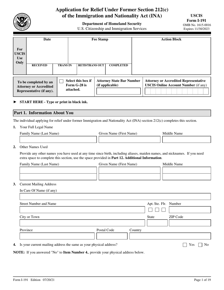 USCIS Form I-191 Application for Relief Under Former Section 212(C) of the Immigration and Nationality Act (Ina), Page 1
