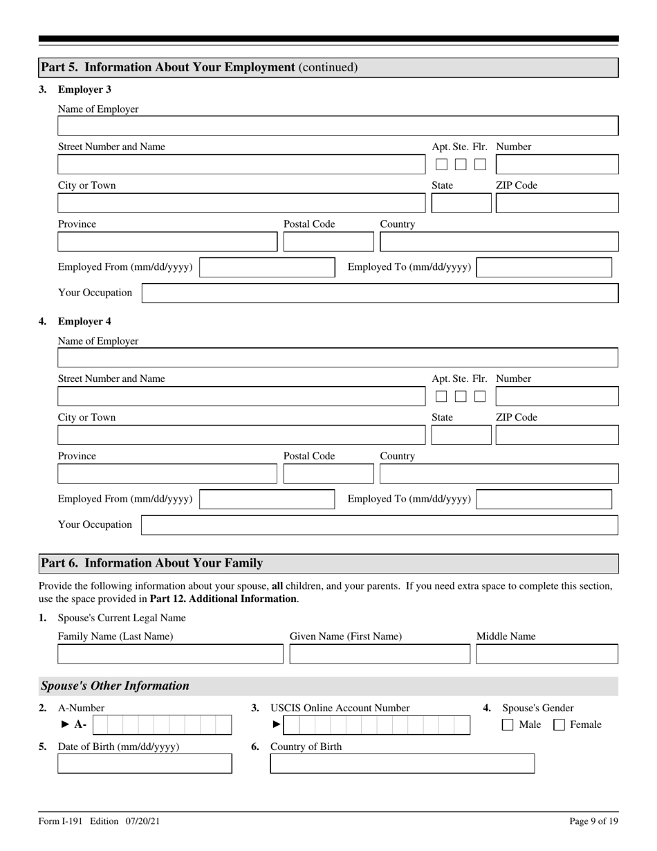 USCIS Form I-191 Download Fillable PDF or Fill Online Application for ...