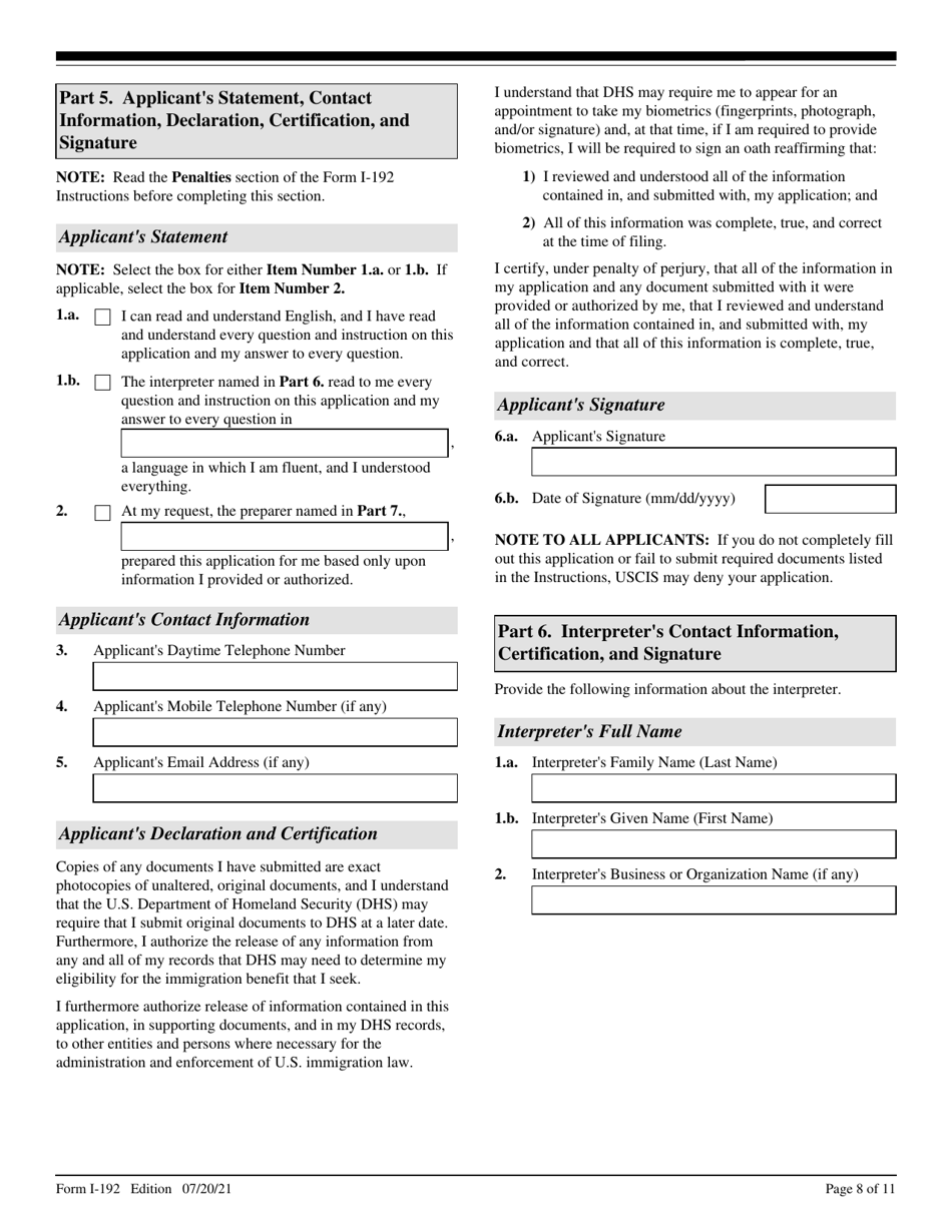 USCIS Form I-192 Download Fillable PDF Or Fill Online Application For ...