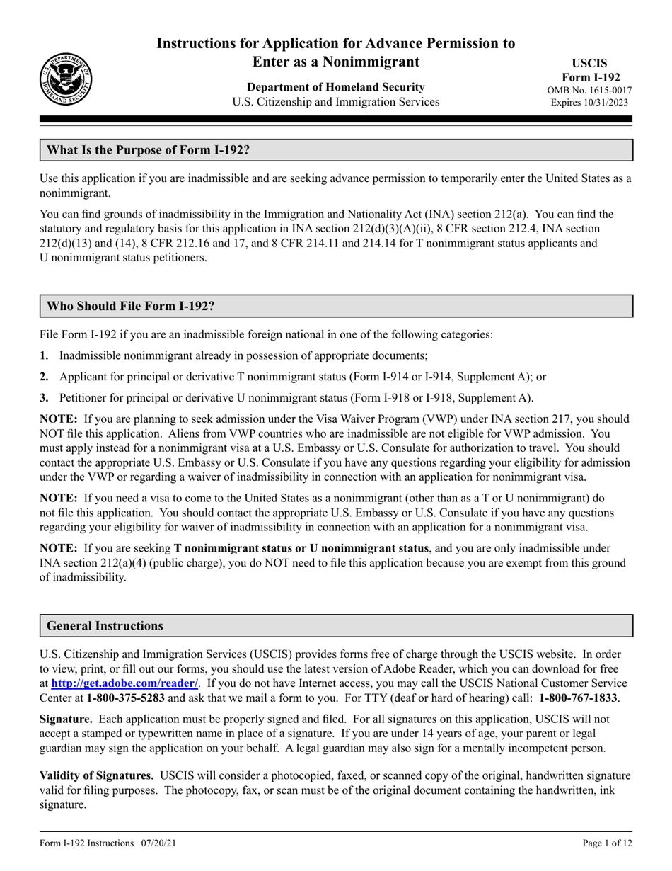 Instructions for USCIS Form I-192 Application for Advance Permission to Enter as a Nonimmigrant, Page 1