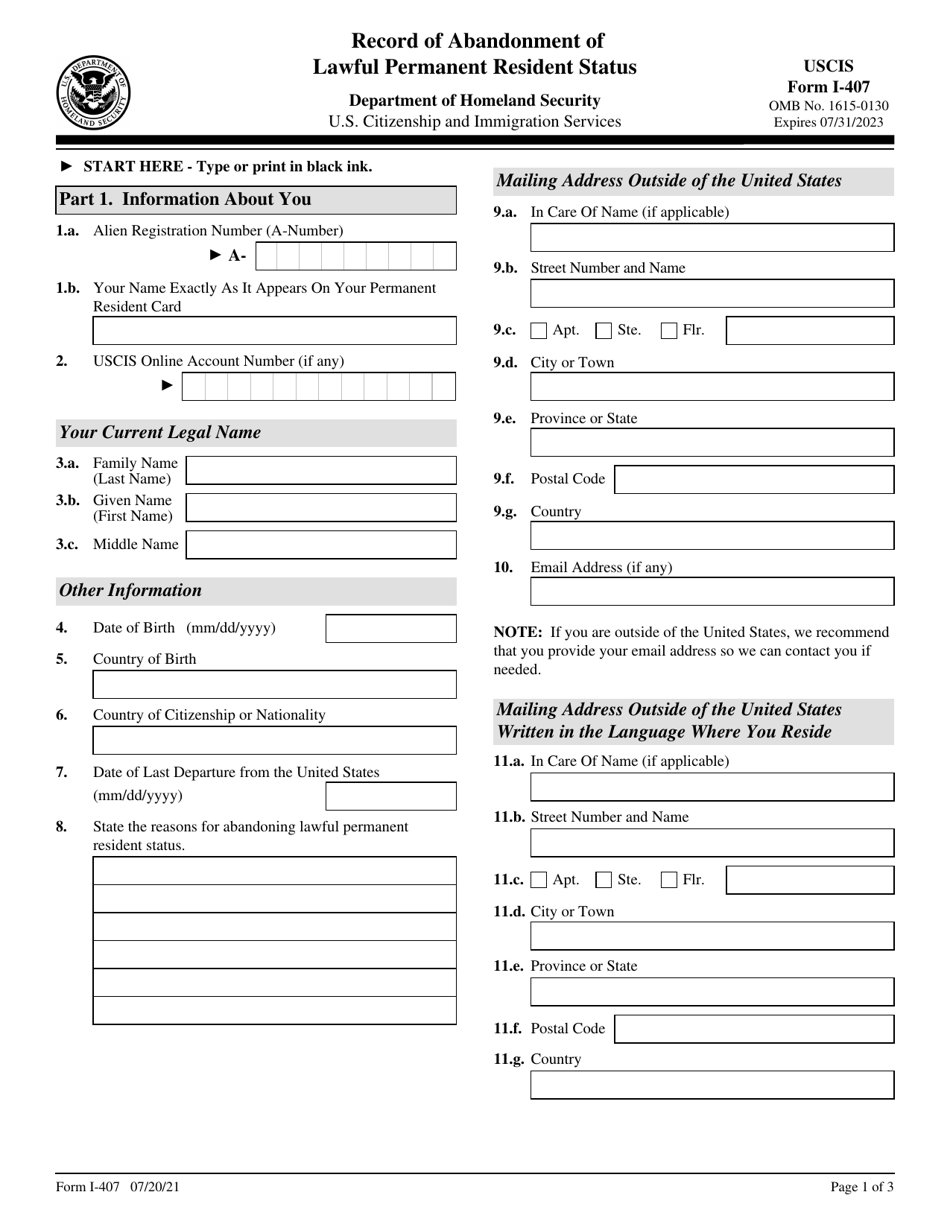 USCIS Form I-407 Record of Abandonment of Lawful Permanent Resident Status, Page 1