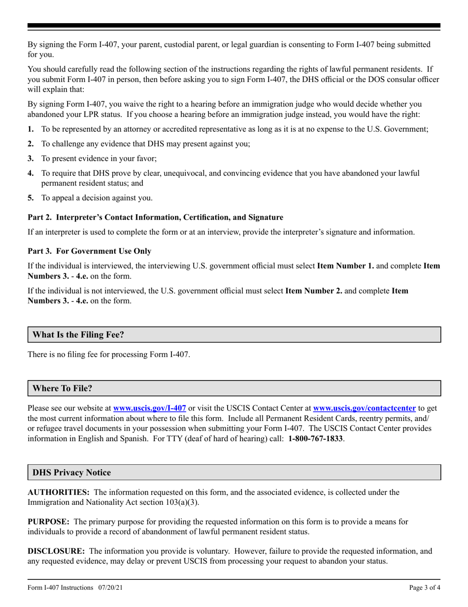 Instructions for USCIS Form I-407 Record of Abandonment of Lawful Permanent Resident Status, Page 3