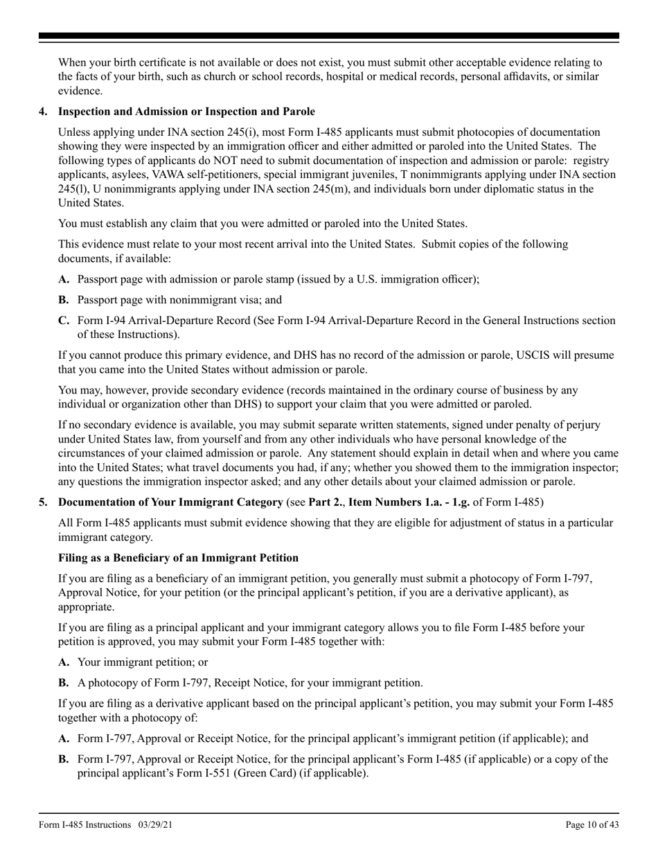 Instructions for USCIS Form I-485 Application to Register Permanent Residence or Adjust Status, Page 10