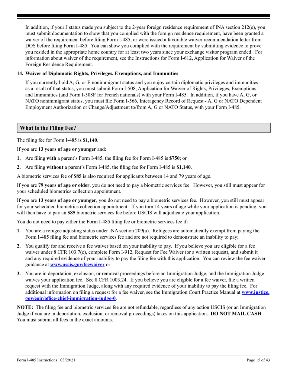 Instructions for USCIS Form I-485 Application to Register Permanent Residence or Adjust Status, Page 15
