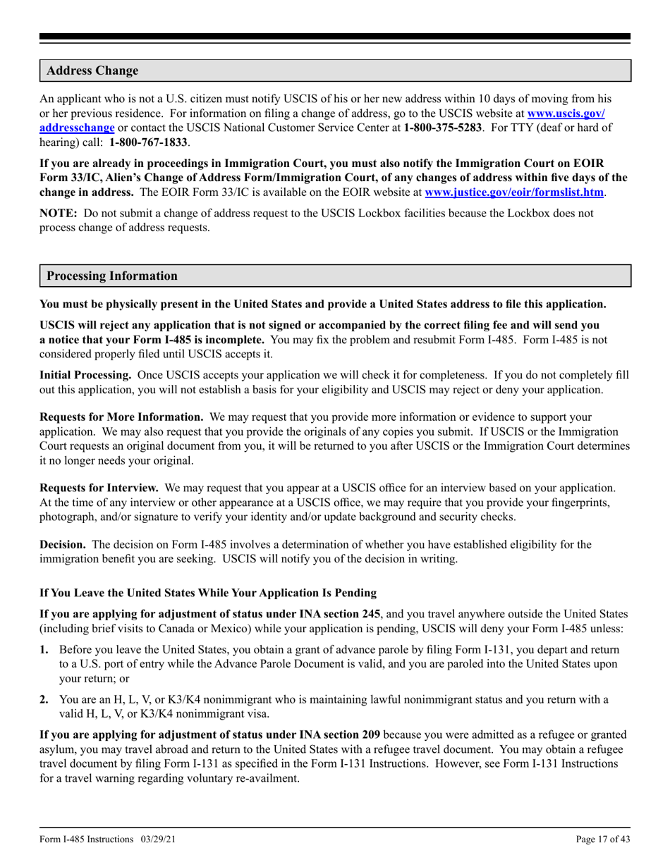 Instructions for USCIS Form I-485 Application to Register Permanent Residence or Adjust Status, Page 17