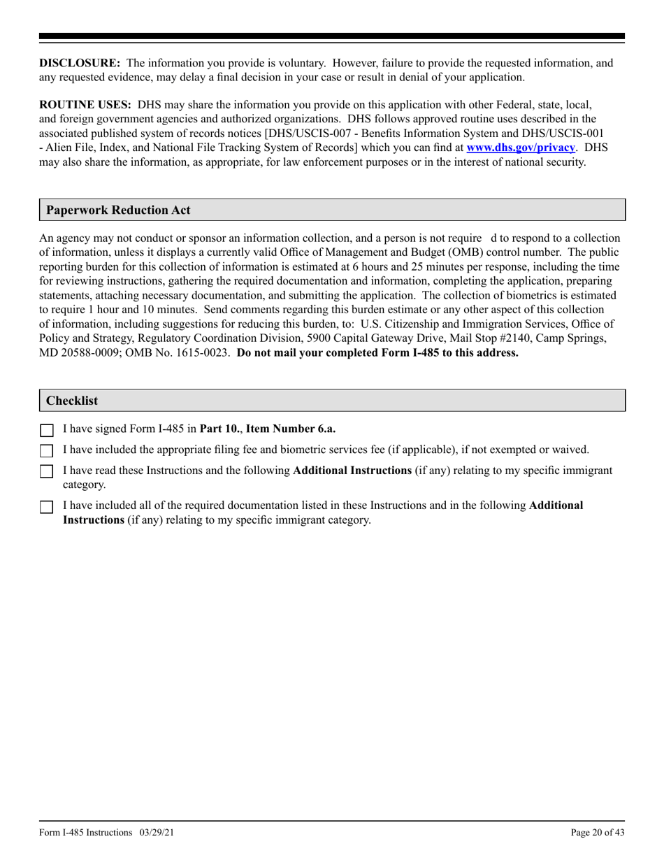 Instructions for USCIS Form I-485 Application to Register Permanent Residence or Adjust Status, Page 20